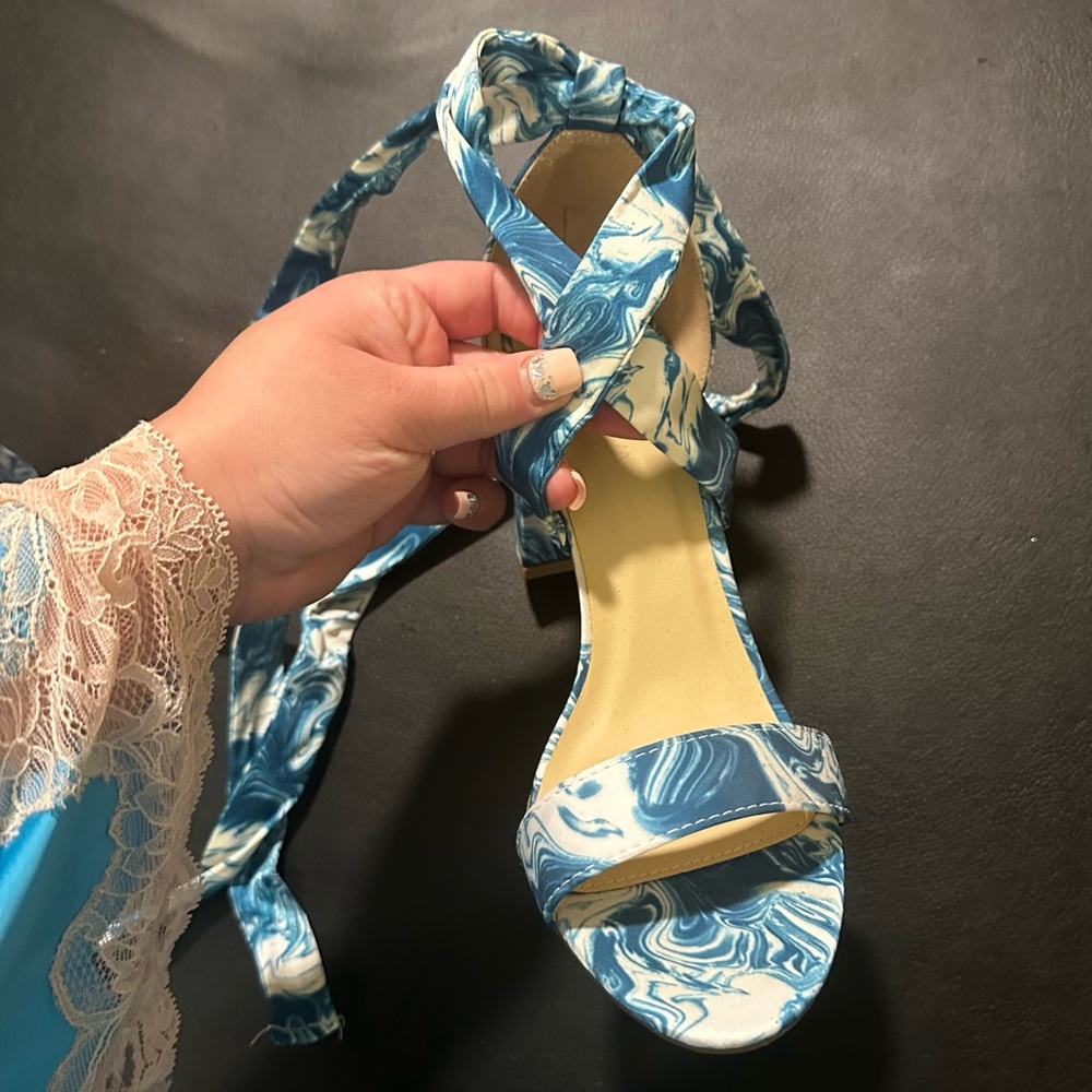 Wild Diva Satin Lace-Up Marble Block Heel Sandals - Picture 11 of 13